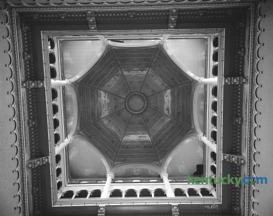 Interior of the "Starry dome" in the Fayette County Courthouse, which was slated for an extensive remodeling job in 1960-61. Construction on this, the fifth Fayette County Courthouse, began in July of 1898 and was finished February 1, 1900. The new courthouse was a Richardson Romanesque style, a three-story stone masonry building, with a dome, clock and cupola (with weather vane). In 1960-1961, the interior of the courthouse was extensively renovated, to provide more courtrooms and offices. These renovations included the removal of the interior “Y” stairs and closing off the dome. The last trial was held in the courthouse in 2002 and in 2003 the Lexington History Center opened. During 2012, the courthouse was closed to the public due to lead paint and asbestos found in the upper floors. Proposals are under currently under consideration to restore the courthouse to the original design. Published in the Lexington Herald-Leader August 28, 1960. Herald-Leader Archive Photo