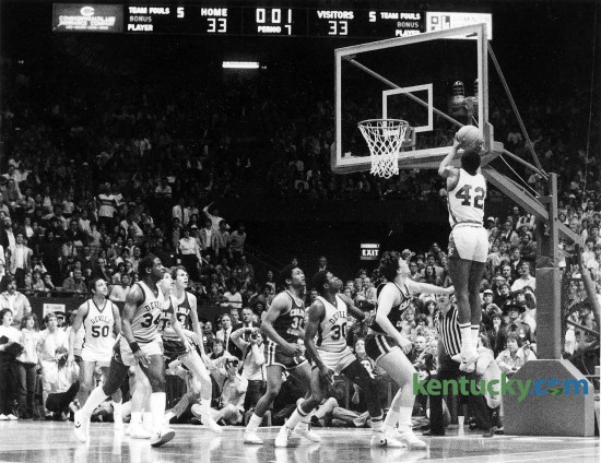 Henry Clay's Greg Bates' put-back at the buzzer gave the Blue Devils a 35-33 triple-overtime victory March 19, 1983 over Carlisle County in the finals of the Boys' Sweet Sixteen at Rupp Arena. It was Henry Clays' sixth state title in boy's basketball and they have not won another crown since. Bates scored 9 points for Henry Clay and was named to the All-Tournament Team. Herald-Leader file photo