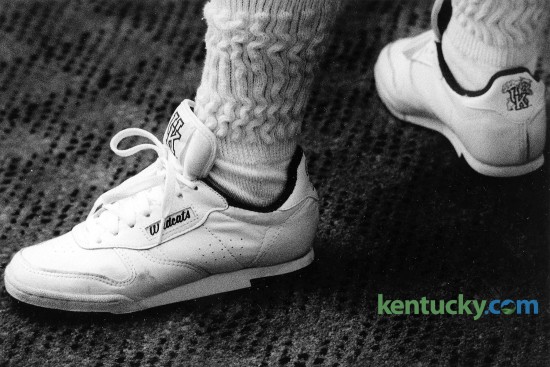 In May 1989, the Lexington Jaycees hoped to raise $26,000 for the homeless by selling these imitation Reebok white leather tennis shoes with the University of Kentucky Wildcat logo. The Jaycees hoped to sell 7,500 of the shoes for $35 a pair to generate $7.50 in profit from each pair, said Brian Gardner, then president of the Lexington civic organization. The Jaycees received the shoes through Stan Widman Distributing Co. of Omaha, Neb., Gardner said at the time. The distributing company had acquired the shoes at reduced prices. Photo by Michael Malone | staff