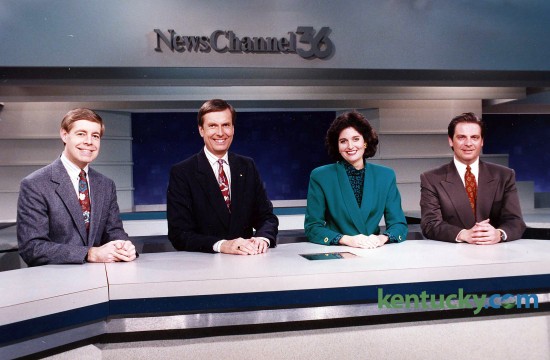 WTVQ-TV (Channel 36) broadcasters, Feb., 1993, from left: meteorologist Brad James; anchor John Lindgren; anchor Sky Yancey; sportscaster Kenny Rice. Herald-Leader photo by Ron Garrison | staff