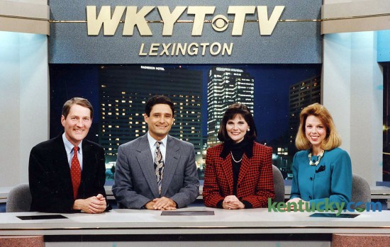 WKYT-TV (Channel 27) broadcasters, Feb., 1993, from left: sportscaster Rob Bromley; anchor Sam Dick; anchor Barbara Bailey; meteorologist Cindy Preszler. Photo provided