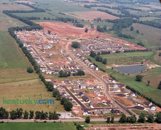 Aerial picture of Masterson Station subdivision on Leestown Road in northwestern Fayette Co. in Lexington, July 11, 1997. Leestown Road runs left to right across the bottom of the photo and Masterson Station Park is up the left side. Photo by Frank Anderson | staff