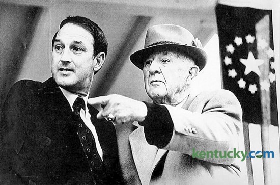 Kentucky's newest governor Wallace Wilkinson, left, shared a moment with former Gov. A.B. "Happy" Chandler during inauguration ceremonies, Tuesday Dec. 15, 1987 at  the Capitol in Frankfort. Chandler served as Grand Marshal for the parade in honor of Wilkinson.  Photo by Tim Sharp | Staff