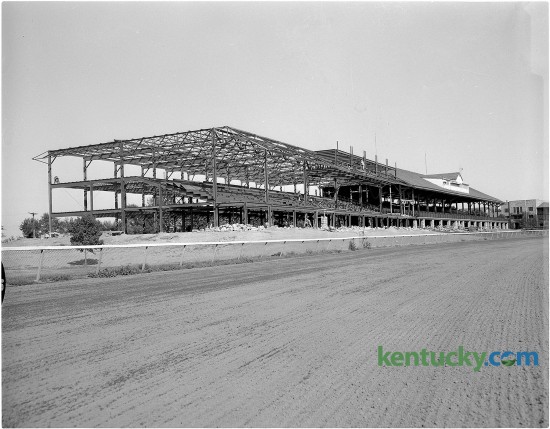 A steel skeleton of the new addition to the grandstand at Keeneland shows the effect the addition will have on the size and seating capacity of the grandstand. Published in the Lexington Herald July 24, 1953. Herald-Leader Archive Photo