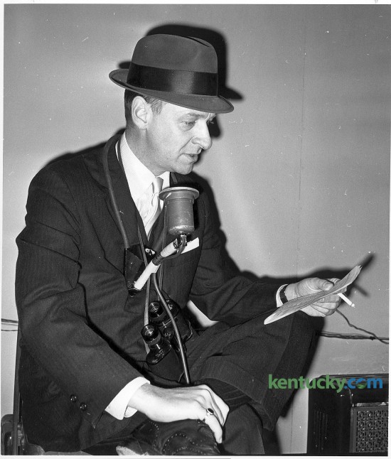 Cawood Ledford broadcasts a Keeneland race in April 1964. He was better known as the "Voice of the Wildcats" for 39 years as the play-by-play announcer for the University of Kentucky basketball and football teams from 1953-1992. His last UK basketball game was the Christian Laettner game in the NCAA Tournament when Kentucky fell to Duke 104-103 in overtime. Ledford, who died in 2001, would have turned 89 on April 24. Herald-Leader file photo
