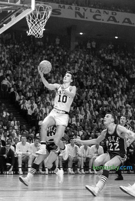 Kentucky guard Louie Dampier drove for a layup past Duke center Bob Riedy on March 18, 1966, during the NCAA Final Four in College Park, Md. Dampier's team high-23 points helped lead the Cats over the Blue Devils, 83-79. The next day, Kentucky lost the title game to Texas Western. Dampier, whose 1,575 career points rank him 12th all-time at UK, was named Monday one of the 2015 inductees into the Naismith Memorial Basketball Hall of Fame. Herald-Leader file photo