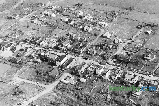 Aerial view of Stamping Ground, April 4, 1974 after a tornado nearly leveled the Scott County town April 3, 1974. on April 3 and 4, 1974, the greatest tornado outbreak in U.S. history took place, stretching from the Deep South to the Great Lakes. A weather system that included 148 tornadoes spanned 18 hours and struck 13 states. It killed 315 people and injured 6,100. The total damage reached a half-billion dollars. 77 people died in Kentucky and Stamping Ground was the hardest-hit community in Central Kentucky but no one in the town died. Herald-Leader file photo
