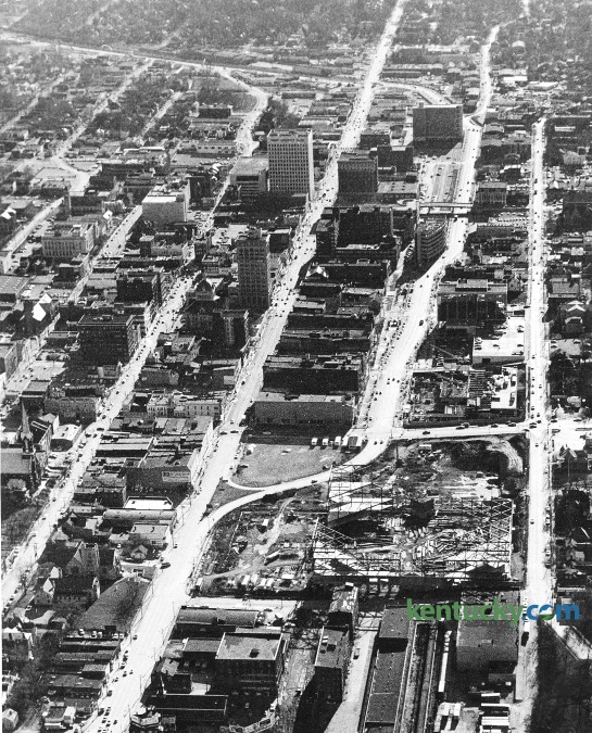 Aerial picture of downtown Lexington, Nov. 23, 1974. Main Street runs from the top to the bottom up the middle of the picture. Rupp Arena is shown under construction in the lower right corner.