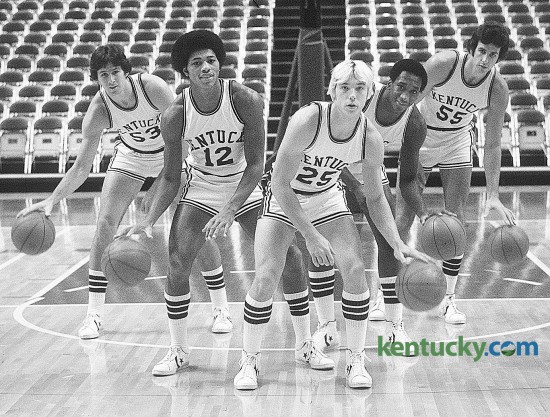 The starting five for the University of Kentucky basketball team's first game in Rupp Arena Nov. 27, 1976: (left to right) Rick Robey, Larry Johnson, Jay Shidler, Jack Givens and Mike Phillips. Phillips, one of 'Twin Towers' on UK's 1978 national championship team, died April 25, 2015. Photo by E. Martin Jessee | staff