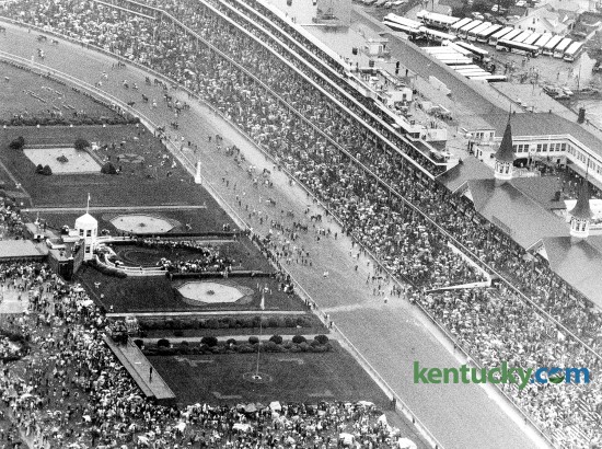 Aerial view of Churchill Downs just after Sunny's Halo won the Kentucky Derby, May 7, 1983. 134,444 people were in attendance to see Sunny's Halo take the lead on the backstretch and finish with a two-length victory. Photo by Steve Lowry