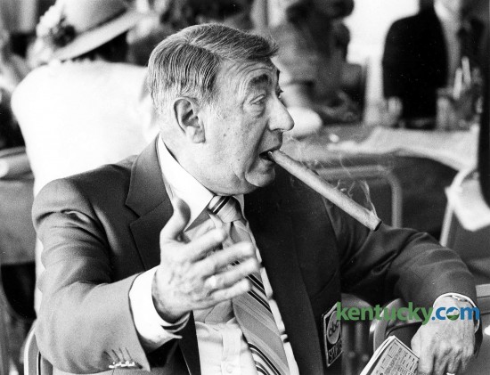 ABC Sports broadcaster Howard Cosell smokes a cigar while waiting for the Kentucky Derby to start May 5, 1984. The legendary sportscaster worked 11 consecutive Derby's (1975-85) during his 40year broadcasting career. Herald-Leader file photo