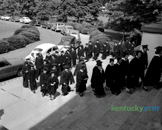 The graduating class at Transylvania College filed up the steps at Old Morrison prior to commencement  ceremonies  June 10, 1950. Today, May 23, 2015,  204 students of the class of 2015 will receive their bachelor’s degrees during a ceremony on the front lawn of historic Old Morrison. Published in the Lexington Leader June 12, 1950. 