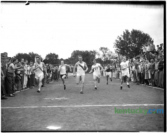High School regional track meet at the University of Kentucky's Stoll Field, May 10, 1946. Shown is the finish of the 100-yard dash, which was won by Jimmy Hibbard of Henry Clay High School in 10.5 seconds. Herald-Leader Archive Photo