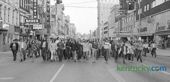 University of Kentucky students protesting the Vietnam War march down Main Street, Lexington, May 6, 1970 after being forced off their own campus enroute to the Transylvania College campus where they held a peaceful rally. Herald-Leader file photo