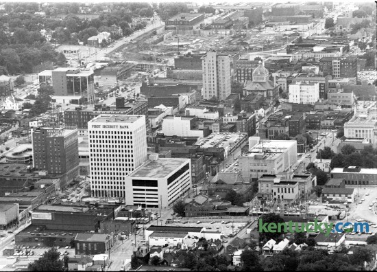 Aerial picture of downtown Lexington, looking from the east, Oct. 1974. At the top, just above the Fayette Co. Courthouse, is early construction of Rupp Arena. Herald-Leader archive photo