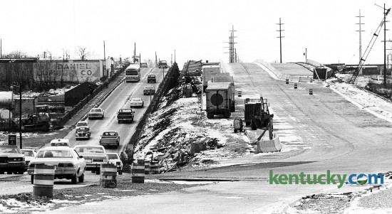 Looing west from downtown, construction of the new High Street viaduct (U.S. 60) in Lexington, Feb. 3, 1981. At left is the old two-lane road and at right is the new four-lane road that eventually turns into Versailles Road. Photo by E. Martin Jessee | staff
