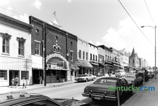 Downtown Harrodsburg in Mercer County, looking south down Main Street, July, 12, 1982. The building that housed the Jocko and Horace Pool Hal and lunch counterl in the middle of this photo was torn down and is now a parking lot. Photo by John C. Wyatt | staff