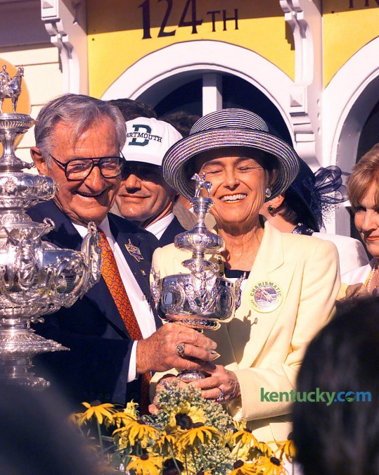 Owners Bob and  Beverly Lewis after thier horse Charismatic won the 124 th Preakness Stakes May 15, 1999 to claim the second leg of horse racing's triple crown. Charismatic would fall short of the triple crown, finishing third in the Belmont Stakes after jockey Chris Antley eased Charismatic up in the final furlong of the race because he felt the horse's leg break. The Lewises, who made their money in the beer industry, did not get into horse racing until the 1990s. They had had six Eclipse Award winning horses, including Silver Charm and Charismatic. The couple were awarded the Ecplise Award of Merit in 1997, the industry's highest honor. Other notable horses owned by the Lewis' include: Timber Country, Serena's Song, Fokelore, and Orientate. Bob Lewis died in 2006. In 2007, a Kentucky Derby prep race was renamed in his honor. Photo by Mark Conrelison | staff