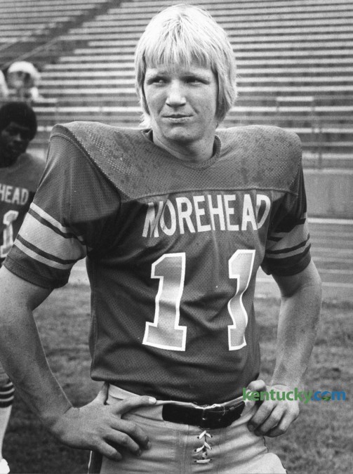 Morehead State University quarterback Phil Simms in 1978.  Simms was born in Springfield, Ky and grew up in Louisville, graduating from Southern High School. He attended MSU compiled a 9-28 record but his 5,545 yards and 32 touchdowns caught the eye of several NFL scouts. He was drafted in the first round in 1979 by the New York Giants with their seventh pick. Simms played his entire professional career with the Giants and was named MVP of Super Bowl XXI, after he led the Giants to a 39Ð20 victory over the Denver Broncos and set the record for highest completion percentage in a Super Bowl. He went into broadcasting after his playing days and currently works for CBS calling NFL games. Photo by Ron Garrison | Staff