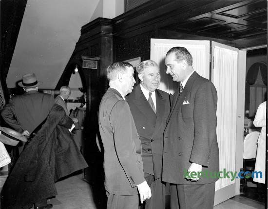 From left, U.S. Senators Dennis Chavez (D, N.M.), Ernest W. McFarland (D, Az., Senate Majority Leader) and Lyndon B. Johnson (D, Tx., Senate Majority Whip) talk during funeral services for Kentucky Senator Virgil Chapman, March 11, 1951 at the Lafayette Hotel in downtown Lexington. A 25-year veteran of Congress, Chapman was killed in an auto accident in Washington D.C. He was a University of Kentucky Law graduate and is buried in Paris Cemetery in Paris. 12 years after this picture, Johnson would become President of the United States after the assassination of John F. Kennedy. Herald-Leader Archive Photo Pictures in connection with funeral services for Senator Virgil Chapman.  Senators Dennis Chavez, Ernest W. McFarland and Lyndon B. Johnson chat at Lafayette hotel. Published in the Lexington Leader March 12, 1951. Herald-Leader Archive Photo