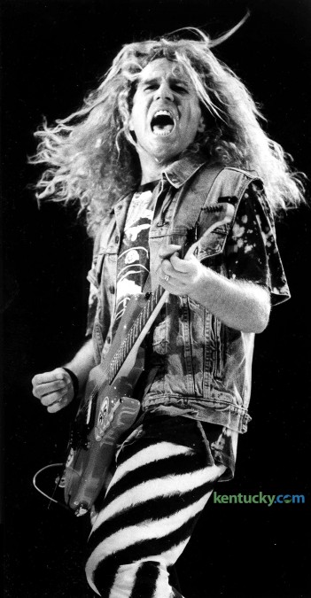 Sammy Hagar, lead singer for Van Halen, during a Sept. 30, 1988 concert at Rupp Arena. Hagar took over lead vocal chores for Van Halen after David Lee Roth left the band in late 1985.At the time of the concert, the groups single, "When It's Love," was among the top 10 songs on the Billboard magazine charts. it was the opening show of its fall concert tour and tickets were $16.50. During the show, Hagar wasn't above pulling a prank on the band's road crew. Take for example the conclusion of "Where Eagles Fly," a track from Hagar's 1987 self-titled solo album. What do you do when you've just performed an entire song with an out-of-tune guitar? Simple, you get the entire audience of 13,000 to boo the roadie who tuned it, which is what Hagar did. Photo by Michael Malone | staff