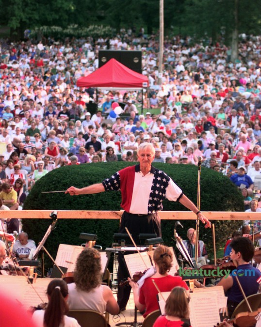 Dr. George Zack led the Lexington Philharmonic Orchestra  during the annual patriotic music concert from the stage in front of Old Morrison on the campus of Transylvania University July 4, 1997. The orchestra had played for the concert since at least 1986, until last  year when the 202nd Army Band of the Kentucky National Guard played. The Philharmonic will once again play for the concert this year, Friday July 3. Dr. Zack became the musical director and conductor of the orchestra in 1972, retiring after 37 years in 2009. Photo by Charles Bertram | Staff