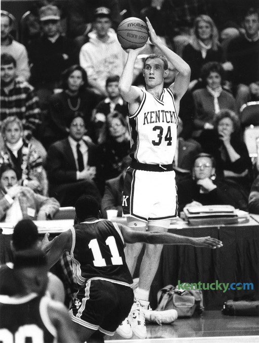 University of Kentucky basketball forward John Pelphrey launches a jump shot agsinst Eastern Kentucky, Dec. 27, 1990 at Rupp Arena. Pelphrey had 12 points in the 74-60 UK win. Photo by Tim Sharp | Staff