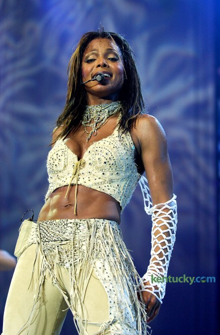 Singer Janet Jackson during a July 22, 2001 concenrt at Rupp Arena in Lexington. It was announced that Jackson will make a return visit to Rupp Arena in early 2016. The hitmaking singer of chart toppers like Nasty, Control and youngest sister of the famous Jacksons family will bring her Unbreakable world tour to Lexington Jan. 30. This photo is from Jackson’s last Rupp Arena appearance at which Herald-Leader critic Walter Tunis said, “Jackson was rhythm personified.” Jackson was also slated to play Rupp in July 1990, but that concert was canceled due to illness, promoters said, and never rescheduled. Photo by Mark Cornelison | staff