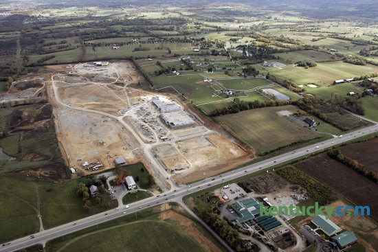 Aerial view of a the Brannon Crossing Shopping Center development Friday, Oct. 28, 2005 on U.S.27 at Brannon Road just across the Fayette and Jessamine county line. Under construction at the center of the 94-acre shopping center is a Kroger grocery store. Towards the back is the AM Star 14 movie theater. Future development of the area included an extension of East Brannon Road, which would run towards the top of this picture and connects to a residential area. At the bottom, on the opposite side of U.S. 27, is King's Gardens Garden Center. They later moved and the site is now a Cracker Barre restaurant. Photo by David Stephenson | staff