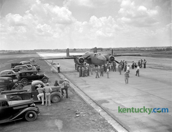 A crowd gathered at Blue Grass Field on July 11, 1942  to watch the first airplane land on the paved runway. The U.S. Army B-25 bomber was being flown from Meridian, Miss. to Wright Field in Dayton, Ohio. Published in the Lexington Herald July 14, 1942. Herald-Leader Archive Photo