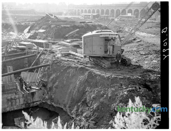 Excavation operation on the construction site of the University of Kentucky's Memorial Coliseum, Nov. 15, 1947. Completed in 1950, Memorial Coliseum was the longtime home court for the Wildcats and a memorial to the more than 10,000 Kentuckians killed in World War I and the Korean War. The names of Kentuckians killed in the Vietnam War were added later. The UK men’s basketball team played in Memorial from 1950 to 1976, compiling a record of 306-38 (.890). In the background of the picture is Stoll Field, home for the UK football team until 1972. Herald-Leader archive photo