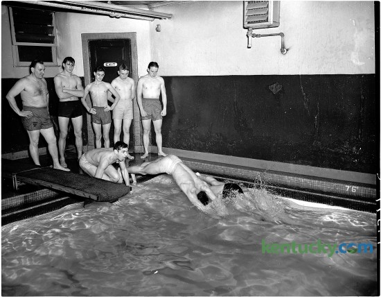 A YMCA senior life saving class at the YWCA pool, February 1951 in Lexington. Jack Rose and Gerald Mialle dive in, while Estill Lyons, Paul Rose, David Mangione, Billy Wills and Donald Sullivan look on. Herald-Leader archive photo