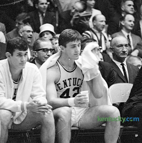 University of Kentucky basketball player Pat Riley rests on the bench in the closing minutes of the No. 2 Cats 96-83 win over No. 3 Vanderbilt, Jan. 15, 1966. Riley and Louise Dampier combined for 52 points in what would be the Cats' 12th straight victory of the season. UK would go on to finish the year 27-2, No. 1 in the final AP and UPI rankings but would lose in the NCAA title game to Texas Western. Riley went on to play in the NBA where he was a perennial bench player, but later became regarded as one of the greatest NBA coaches of all time, winning five championships. Herald-Leader archive photo