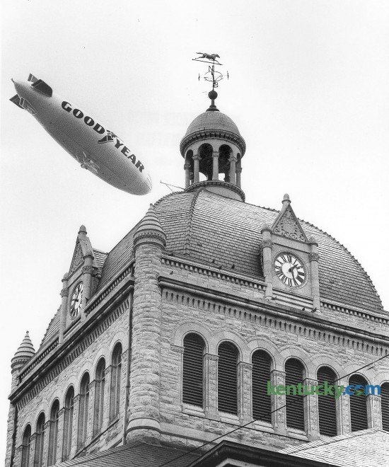 The Goodyear Blimp flew over the Fayette County Courthouse on August 18, 1980. Goodyear flew their first airship on May 24, 1917 and have been flying blimps ever since. The 1980 World Series was the first to be televised from a Goodyear Blimp. Photo by Charles Bertram | Staff