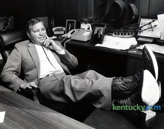 Attorney Lester Burns Jr., wearing sea turtle skin boots, in his Somerset law office, December 30, 1982. Burns, a one-time candidate for governor and one of the state’s most colorful, best-known defense attorneys before going to federal prison in a fraud case, died Tuesday July 7, 2015. Photo by Charles Bertram | Staff
