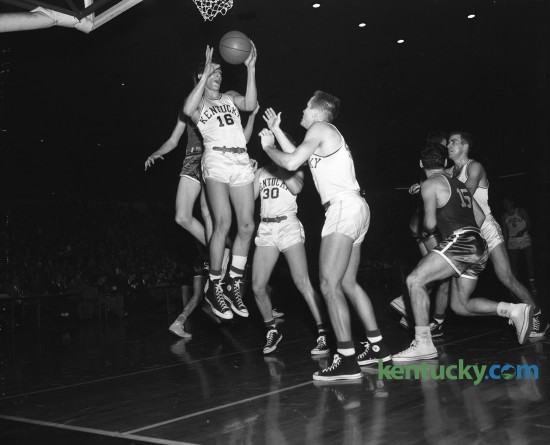 University of Kentucky's Lou Tsioropoulos (16) grabbed a rebound against Duke in the Kentucky Invitational Tournament at Memorial Coliseum December 21, 1953. Kentucky won 85-69. UK went undefeated for the season but declined an NCAA bid. Tsioropoulos  died on Saturday in Louisville.He would have been 85 next Monday. Unpublished. Herald-Leader Archive Photo