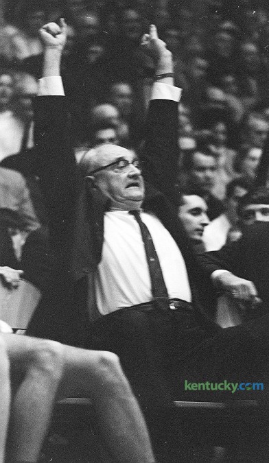 University of Kentucky basketball coach Adolph Rupp reacts to a to a play during the Cats' 85-75 win over Florida Feb. 7, 1966 in Memorial Coliseum. Kentucky would finish the season 27-2, losing in the NCAA title game to Texas Western. Sept. 2, 2015 would have been the legendary coaches 114th birthday. Herald-Leader Staff Photo