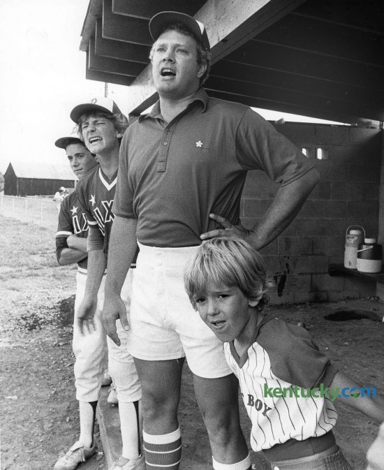Television sportscaster Tom Hammond coaching a Babe Ruth League baseball team of kids ages 13-15, July 12, 1982 in Lexington. Hammond, a Lexington native, started his broadcasting career at radio station WVLK. He became sports director for television station WLEX-18 and was the play-by-play announcer for Southeastern Conference basketball games for over 20 years. Since 1984 he has covered various events on television for NBC Sports such as horse racing, the Olympics, basketball and football. Photo by David Perry | staff