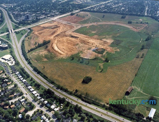Aerial picture of Beaumont Farm during the early stages of development of the property, Oct. 1992. Running from upper left corner of the picture is New Cirlce Road and across the picture from left to right is Harrodsburg Road. Early construction of Beaumont Centre Circle is visable. A Kroger grocery store is now located at the far right side of the picture. Photo by Charles Bertram | staff