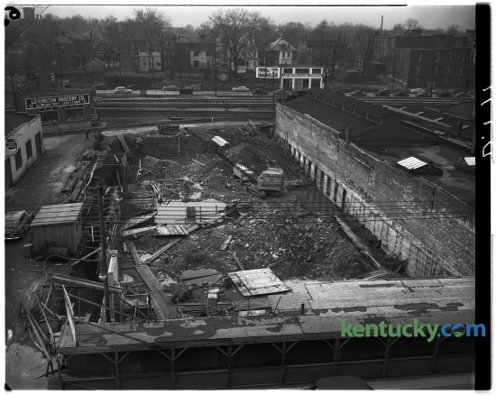 Construction was underway for the new Wolf-Wile Department Store building at 244-250 East Main Street in February 1949. This view is from the Main Street side looking toward Vine Street.  Published in the February 16, 1949. Herald-Leader Archive Photo