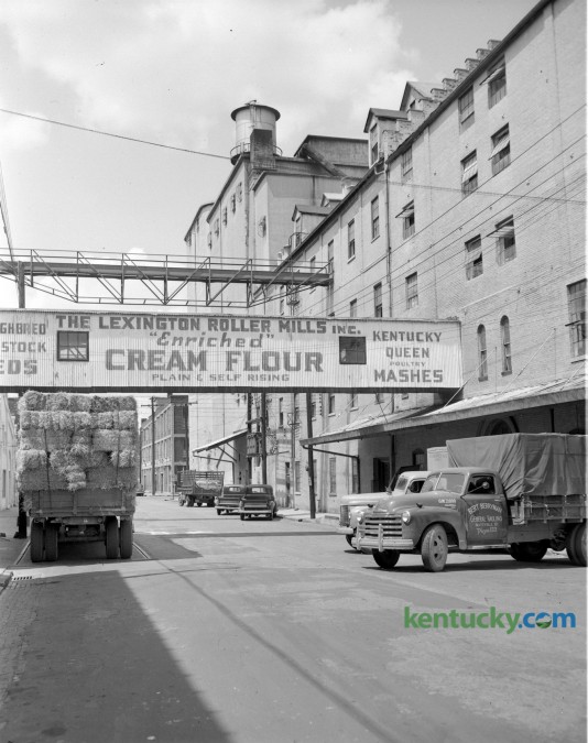 Exterior of Lexington Roller Mills Inc., at 133 South Broadway in August, 1951. The mill was located where Triangle Park is now. The business was acquired by Buhler Mills, Inc. in 1966 and was razed in May of 1968 to make way for urban renewal. Herald-Leader Archive