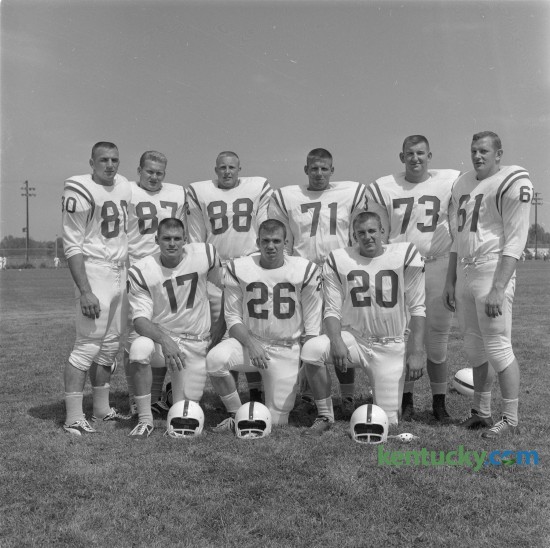 Nine UK football seniors were the anchor for the 1962 team posing here in August 1962.  Thomas Ray "Tommy" Simpson, (88) a captain on the 1960s University of Kentucky football team known as "The Thin Thirty," died Monday in his hometown of Lebanon at age 76. The other seniors included, bottom row: (left to right) Jerry Woolum (17), Clarkie Mayfield (26) and Gary Steward (20). Top Row: (left to right) Tom Hutchinson (80), Dave Gash (87), Tommy Simpson (88), Junior Hawthorne (71), Tommy Brush (73) and Red Hill (61).  Herald-Leader Archive Photo