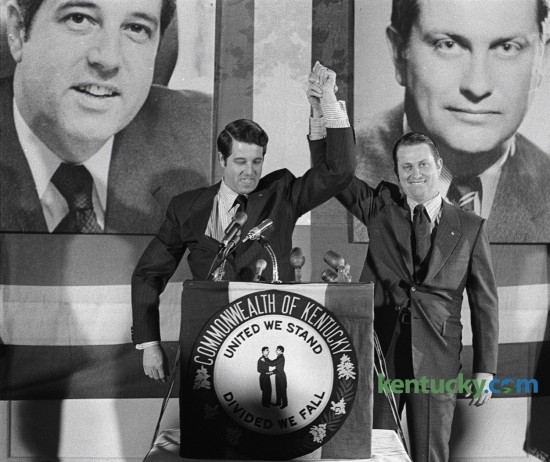 Tom Emberton, left, and Jim Host announced on February 12, 1971 that they would run for governor and lieutenant governor in the Republican primary that May. Host officially announced his candidacy at this rally at the Phoenix Hotel in Lexington. Backed by term-limited Governor Louie B. Nunn, Emberton lost to the Democratic Lieutenant Governor Wendell H. Ford, later a U.S. senator. Ford polled 470,720 votes (50.6 percent) to Emberton's 412,653 (44.3 percent). Herald-Leader Archive Photo