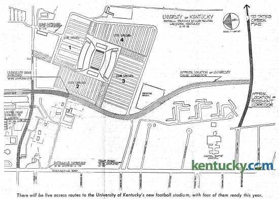 A diagram, dated Feb. 14, 1973, of new roads planned to be built around the new home of the University of Kentucky football team, Commonwealth Stadium. The stadium was under construction at the time this map ran with a story in the Herald-Leader on Feb. 18, 1973 with the headline, "Plans underway to get the 'bugs' out of UK's new stadium". Nicholasville Road runs from left to right across the bottom, intersecting with Cooper Drive in the lower left corner. The diagram says "Cooper Drive widened to 5 lanes - to be completed in '73". Just above that is University Drive, which was extended in 1973 for the opeining of the stadium. It follows a path along side the stadium to what was plans to make an extension of Rosemont Garden from the other side of Nicholasville Road to connect to Tates Creek Pike. Instead, Alumni Drive was built was running closer to the stadium. The site of the Rosemont Garen extension instead later becase the site of the UK Arboretum, the The State Botanical Garden of Kentucky. Click on the diagram for a closer look. Herald-Leader archives