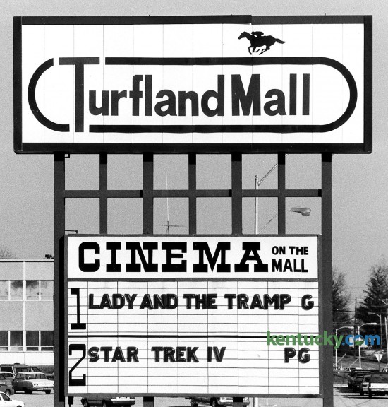 Turfland Mall Cinema sign along Harrodsburg Road in Lexington, January 13, 1986. The mall was Lexington’s first enclosed shopping space when it opened in 1967. It closed in 2008. Part of the mall was converted into a Home Depot and a UKHealthCare health center. Photo by Breck Smither