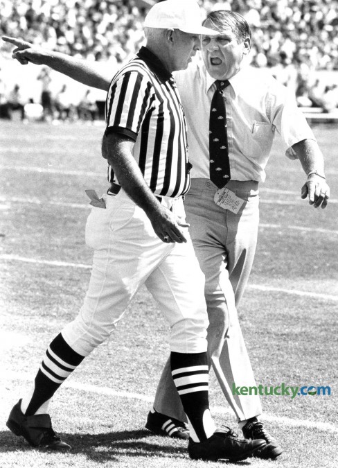 University of Kentucky head coach Jerry Claiborne argued with an official as UK played Indiana in Commonwealth Stadium in Lexington, Ky., Saturday, Sept. 17, 1983. Claiborne, who took over for Fran Curci in 1981, led the Kentucky program for eight years, ending with an overall record of 41Ð46Ð3. Claiborne died Sept. 24, 2000. Photo by Charles Bertram | Staff