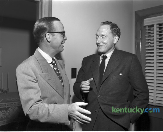 A.B. Guthrie and Robert Penn Warren at the University of Kentucky where they spoke at the writers series program in October 1950. Guthrie was a novelist, screenwriter, historian, and literary historian who won the Pulitzer Prize for fiction in 1950 for his novel The Way West. He also worked for 22 years as a reporter and editor at the Lexington Leader. Warren was a poet, novelist, and literary critic and also won the Pulitzer Prize for his novel All the King's Men in 1946 and the Pulitzer Prize for Poetry in 1958 and 1979. He was born in Guthrie, Ky. Published in the Lexington Leader October 19, 1950. Herald-Leader Archive Photo