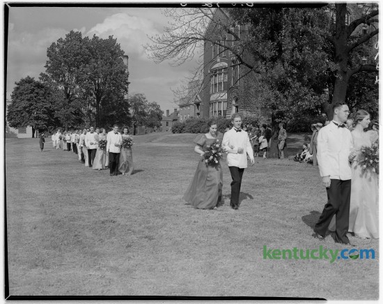 Members of the Transylvania College's Court of Honor walked across campus on their way to the coronation alter during the Transylvania Day coronation ceremony in May of 1938. Once at the alter, a "Miss Transylvania" and "Mr. Pioneer," were chosen in the annual event. Transylvania University will install Seamus Carey as its 26th president today at 10am. Unpublished. Herald-Leader Archive Photo