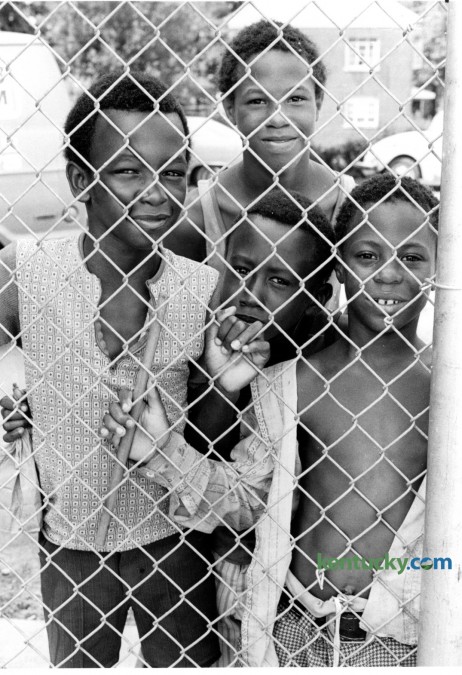 As the new Douglass Park swimming pool was being dedicated on Wednesday July 15, 1977, Gary Combs, 9, Darryl Clark, 8, David Clark, 10, and Charles Combs, 12, waited outside the pool fence. The pool was built with funds made available through the Community Development Block Grant Fund. The new facility offered an aquatic program for neighborhood youth. Frederick Douglass Park was opened in 1916 when a prominent African-American grocer sold the 25 acre site to the city of Lexington for the purpose of establishing the first African-American park in the Bluegrass. In its early history, it staged multiple uses for the black community. Yesterday the city announced plans for the park's centennial celebration. Photo by Christy Porter | Staff
