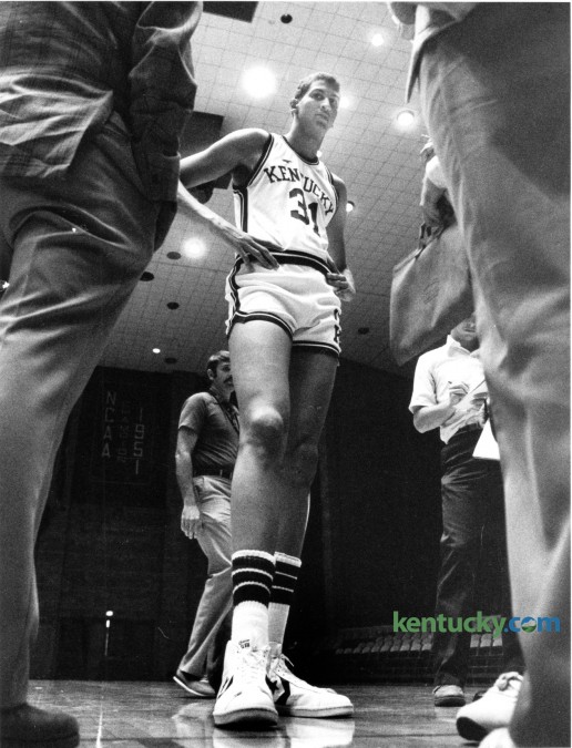 University of Kentucky's 7 foot one inch Sam Bowie answered reporters questions at media day on October 15, 1982, in Memorial Coliseum. Bowie ended up taking a medical red shirt for the 82-83 season due to a stress fracture in his left tibia that was slow to heal. Kentucky holds it's annual media day later today for this year's men's basketball team.  Photo by Charles Bertram | Staff